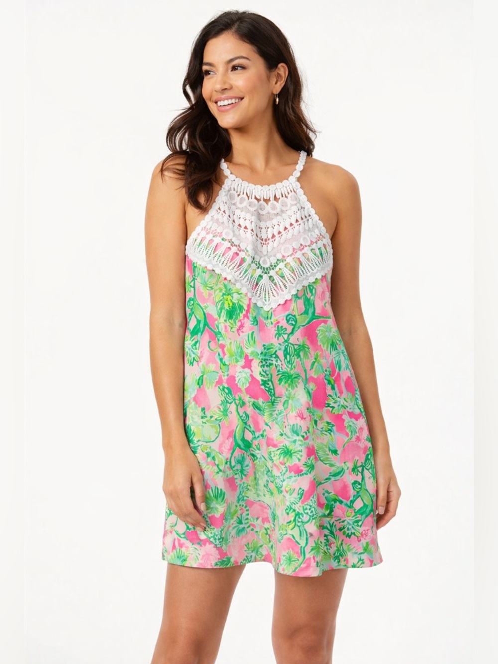 Lilly Pulitzer Pearl Shift Dress Crochet Halter RazBerry Catty Shack Tropical 00